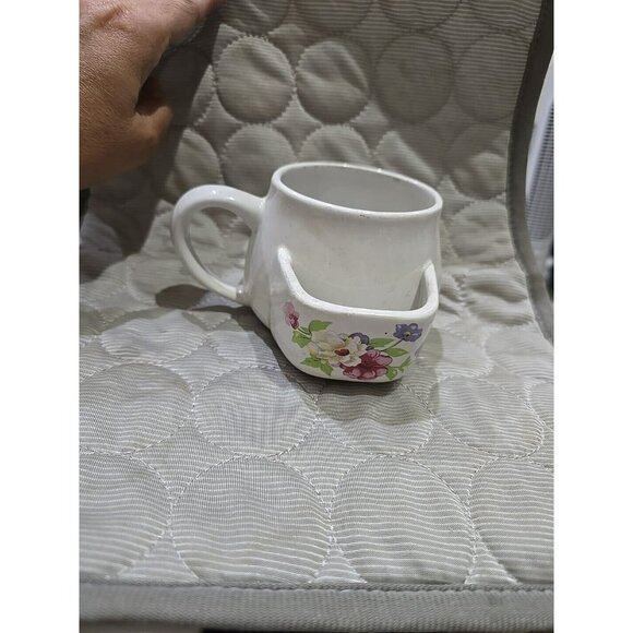 Coffee Tea Cup Mug Biscotti Tea Bag Holder Pocket White Floral Taiwan Vintage - Picture 4 of 9